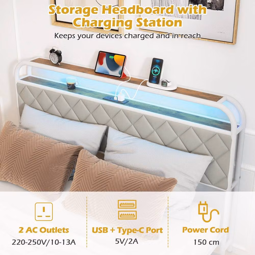 Costway Modern King Size Upholstered Faux Leather Platform Bed with Drawers and USB Charging Port, Grey, W/D/H: 180 x 200 cm – 3