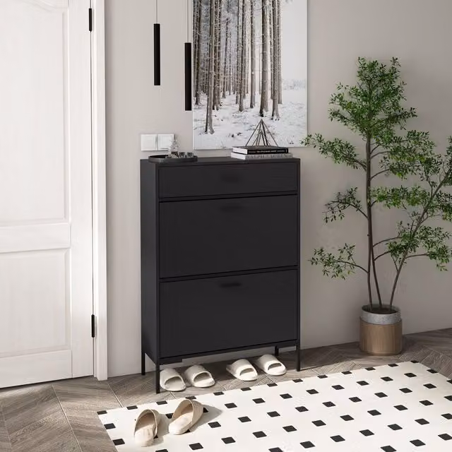 HOMCOM Modern Black Shoe Storage Cabinet with Tilting Compartments and Drawers, H 76 cm x W 110 cm x D 26 cm – 8