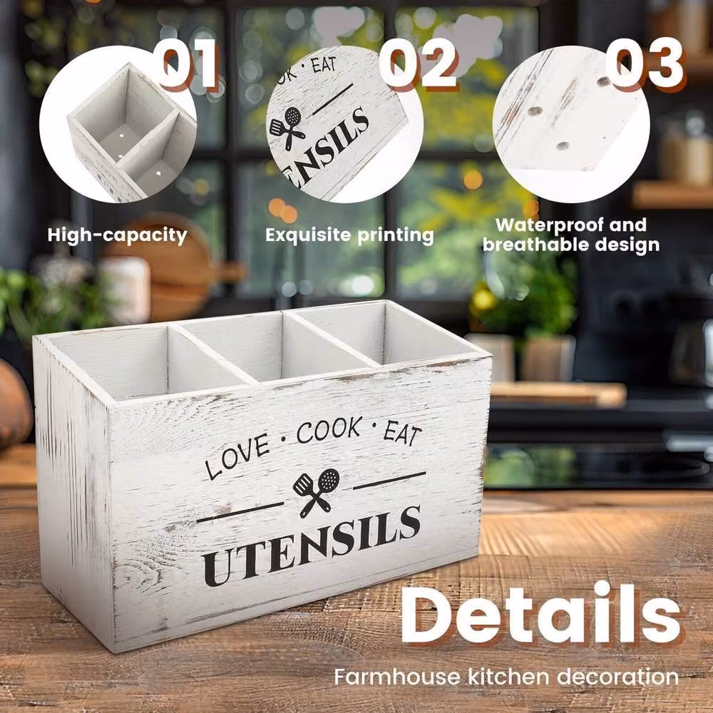 KORVIXA White Wooden Kitchen Utensil Storage Pot and Cutlery Holder with Compartments – 2