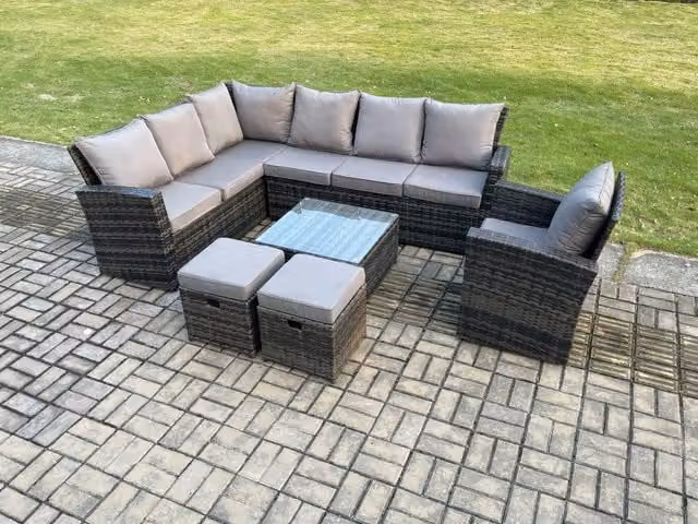 Fimous 9 Seater Rattan Garden Dining Set with Corner Sofa, Square Coffee Table and 2 Footstools in Dark Grey