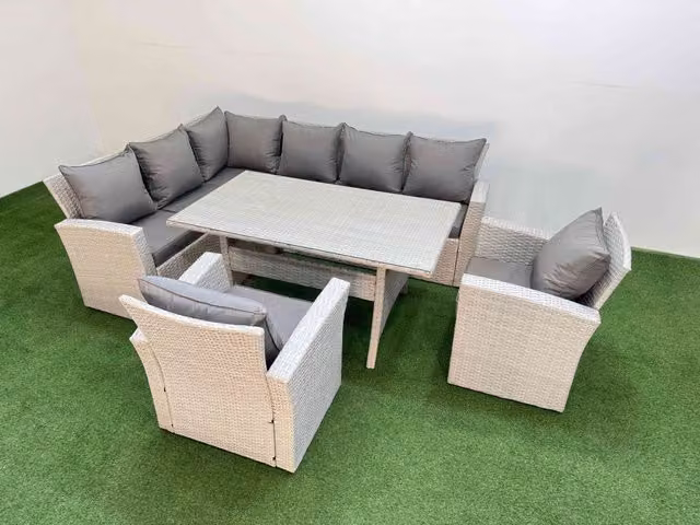 Fimous 8 Seater Rattan Garden Furniture Set with Dining Table and Chairs in Light Grey