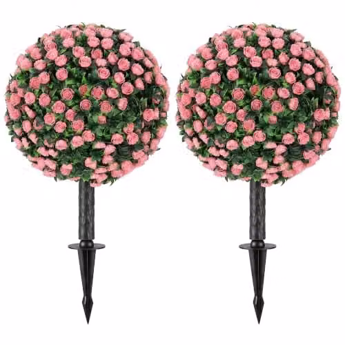HOMCOM Set of 2 Pink Artificial Rose Topiary Trees, UV-Resistant Round Floral Plants, Height: 55 cm, Width: 30 cm, Depth: 30 cm