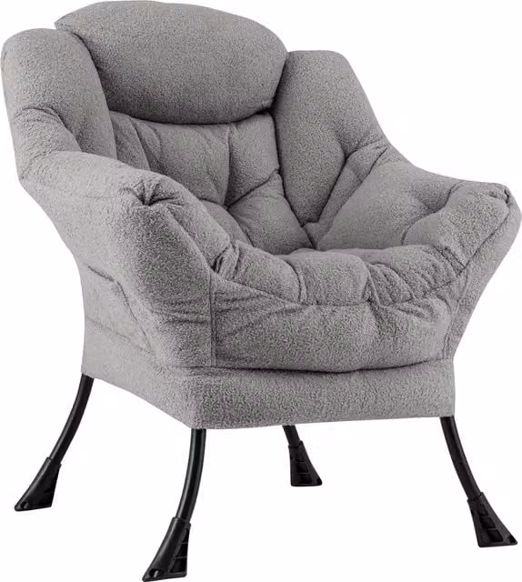 Costway Large Grey Bouclé Fabric Lazy Lounge Chair with Armrests and Metal Frame