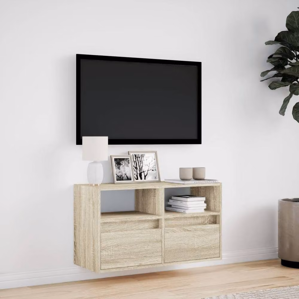 Berkfield Home TV Wall Cabinet with LED Lights in Sonoma Oak and Light Tan, W: 80 cm, D: 31 cm, H: 45 cm – 2