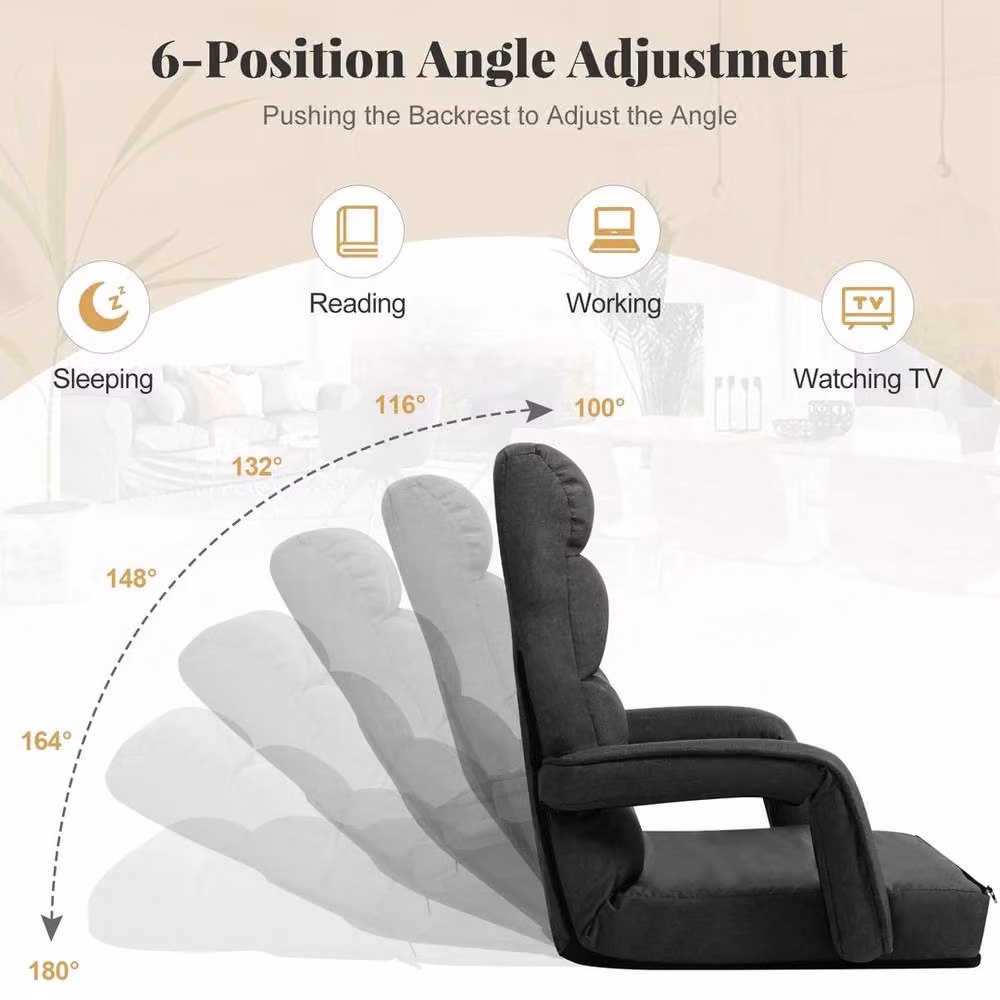 VOGREX Grey Adjustable Folding Padded Floor Gaming Chair with Armrests and Adjustable Headrest – 6