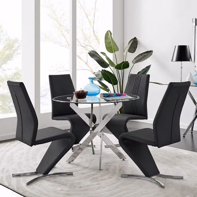 FurnitureboxUK Novara Round Glass and Chrome Dining Table with 4 Black Willow Dining Chairs Set – 1