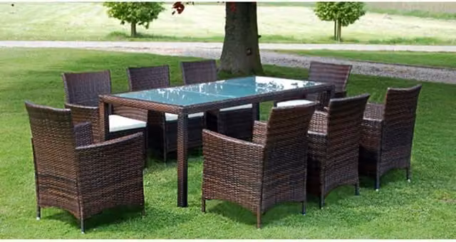 Berkfield Home 9 Piece Poly Rattan Outdoor Dining Set with Cushions in Brown – 1
