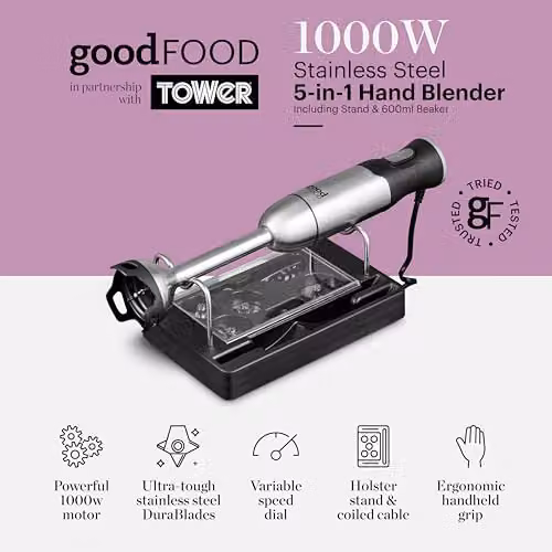 Tower 5-in-1 1000W Digital Hand Blender with Stand and 600ml Beaker in Silver Stainless Steel – 2