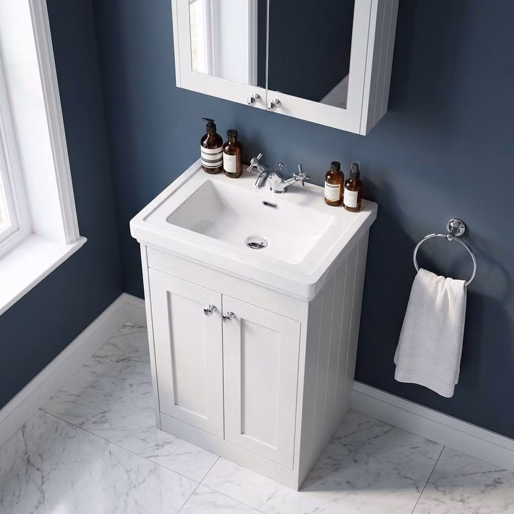 Balterley 500mm Floor Standing 2 Door Bathroom Unit with Basin and 1 Tap Hole in Satin White – 2