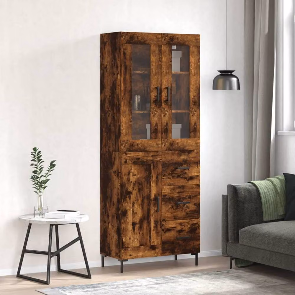 Berkfield Home Smoked Oak Highboard in Brown with Glass Doors, W: 69.5 cm, D: 34 cm, H: 180 cm – 2