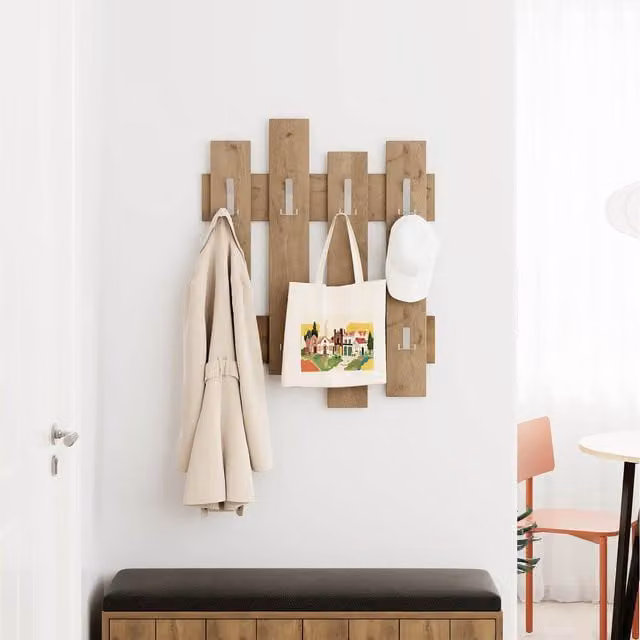 Decortie Wave Modern Wall-Mounted Coat Rack with 8 Hooks, Brown, W: 69 cm, H: 81 cm