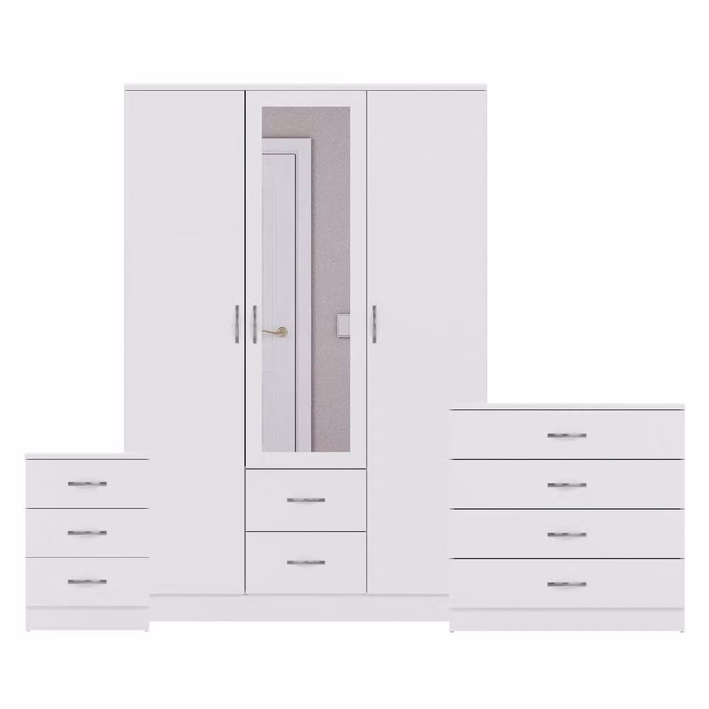 Vida Designs 3-Piece Modern White Bedroom Set including 3 Nightstands, 4-Drawer Chest and Mirrored Wardrobe – 2