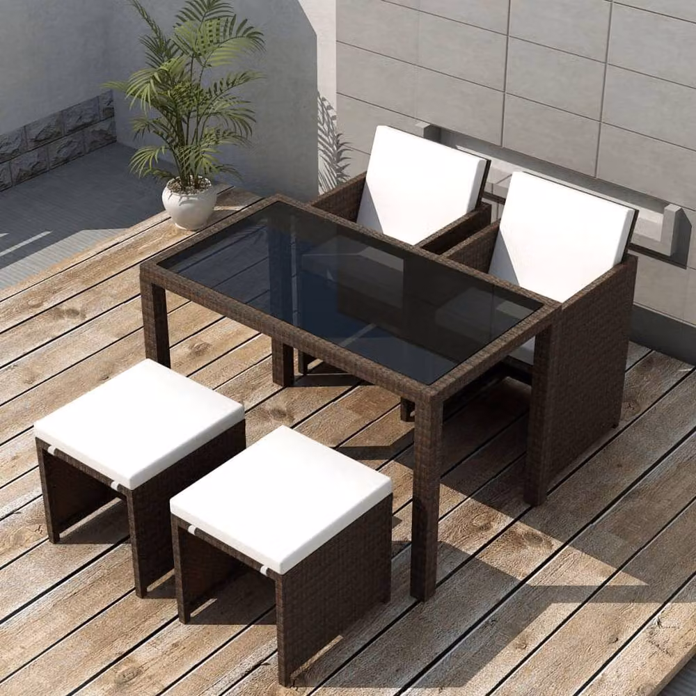 Berkfield Home Elegant 5 Piece Outdoor Dining Set with Cushions in Brown Poly Rattan – 2