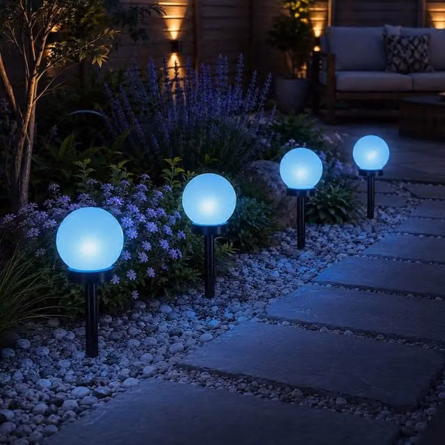Marco Paul Set of 4 White Solar Powered LED Sphere Orbs with Ground Spike and Dusk Sensor – 1