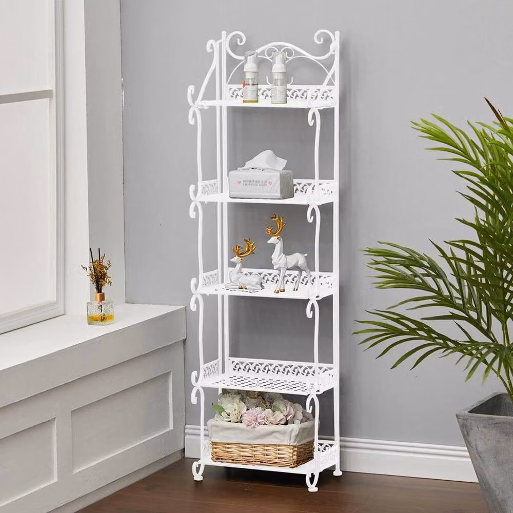 KORVIXA 5 Tier Foldable Metal Outdoor Plant Stand in Matt White, H 110 x W 30 x D 20 cm – 2