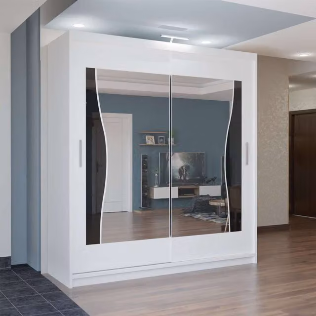 MN Furniture Basel White Glossy Mirror Sliding Wardrobe with Integrated LED Lighting W/H: 150 x 217 cm