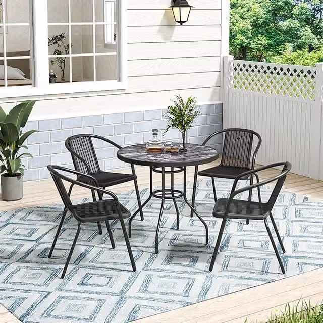 Lifeideas Black Marble Effect Round Garden Table and 4 Chairs Set with Glass and Metal Construction