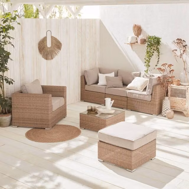 Sweekeeks 5-Seater Deluxe L-Shape Polyrattan Garden Sofa Set in Beige with Upholstered Cushions and Coffee Table – 1