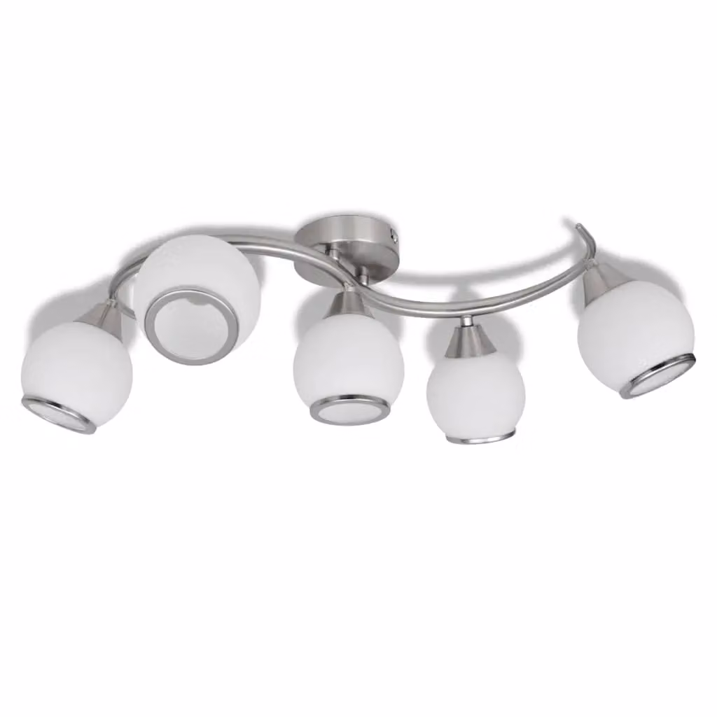 Berkfield Home Modern Ceiling Lamp with White Glass Shades and Silver Waving Rail for 5 x E14 Bulbs – 2