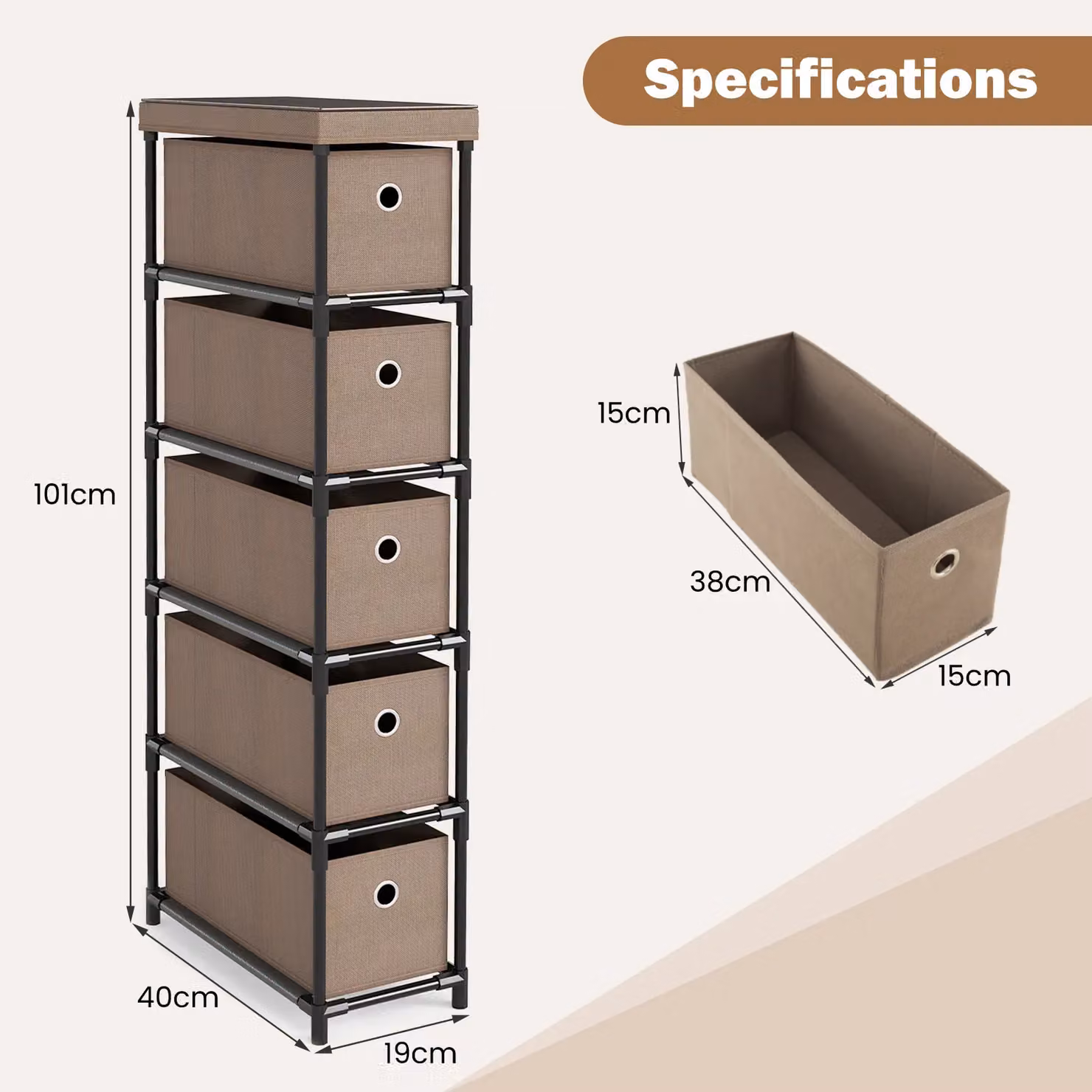 Gymax Narrow Slim Storage Tower Chest of Drawers with 5 Drawers in Brown – 3