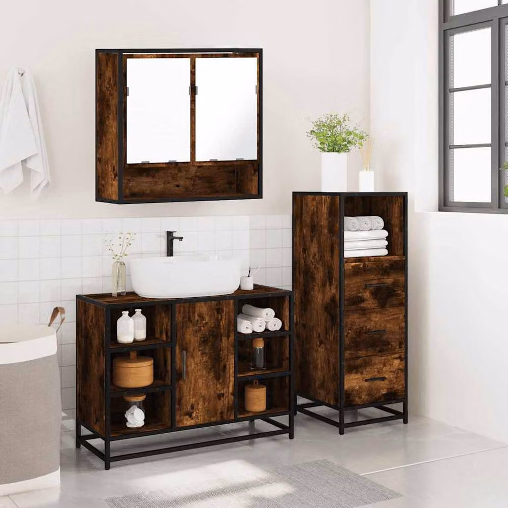 Berkfield Home 3 Piece Industrial Bathroom Furniture Set in Smoked Oak Brown – 4