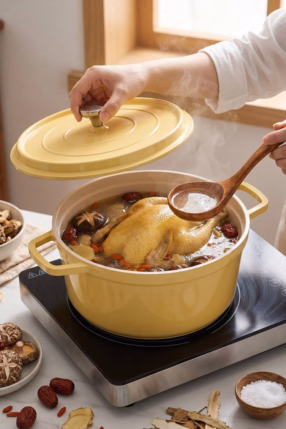 Living and Home Enamelled Cast Iron Dutch Oven with Lid and Dual Handles in Yellow, Small – 2