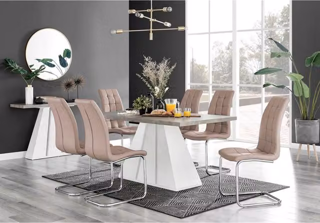 FurnitureboxUK Athens Grey Concrete Rectangular Kitchen Dining Table and 6 Murano Chairs in Cappuccino