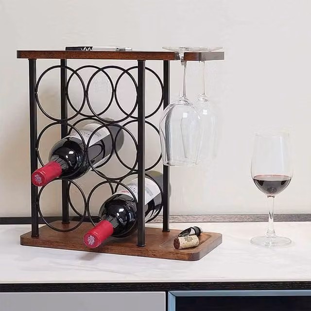 Livingandhome Rustic Wooden Wine Rack with Glass Holder in Brown and Black