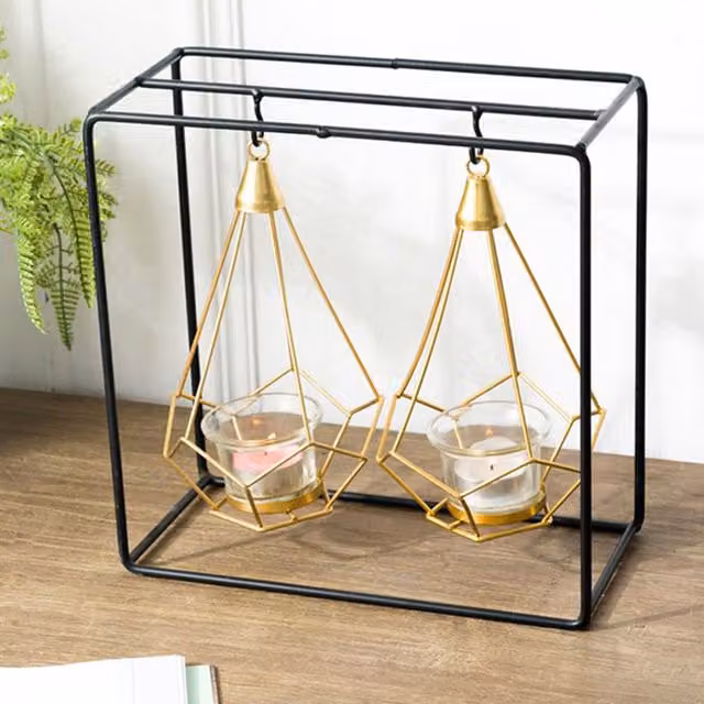 Livingandhome Modern Geometric Hanging Metal Tealight Candle Holder in Gold