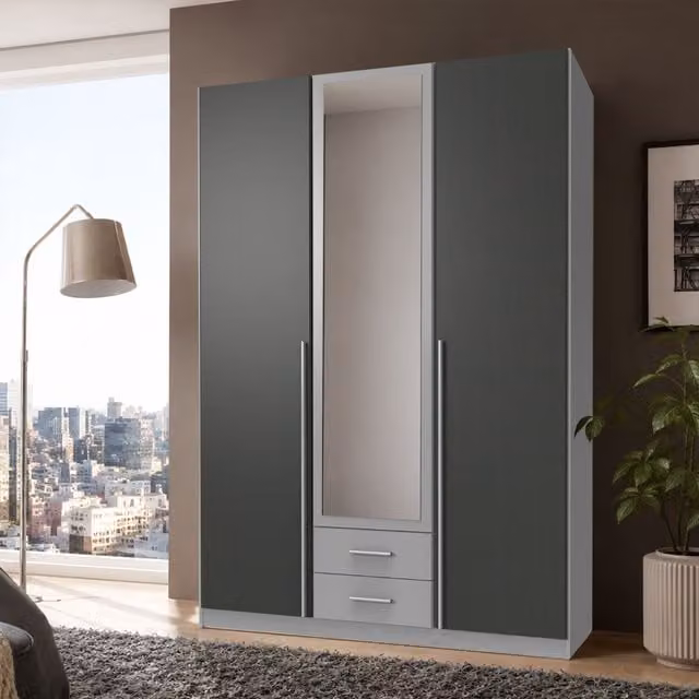 Husem Grey 3 Door Wardrobe with Mirror and Internal Shelving, Width: 135 cm