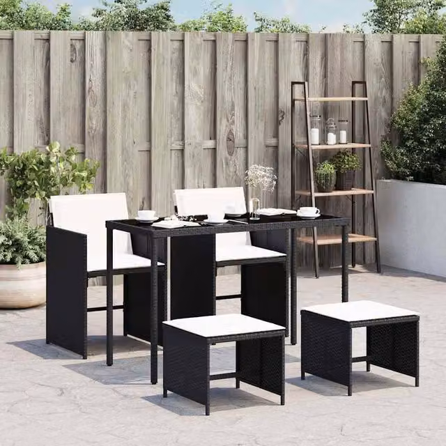 Berkfield Home 5 Piece Black Poly Rattan Garden Dining Set with Cushions