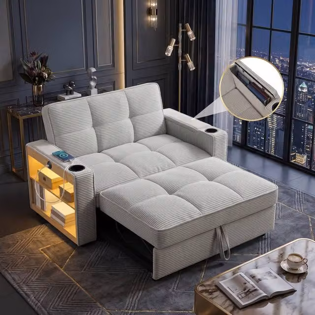 FENCHILIN 2-Seater Pull Out Sofa Bed in Grey with LED Lighting, Cup Holders and Side Storage – 1