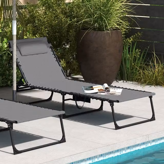Outsunny Grey Foldable Metal Frame Sun Lounger with Adjustable Headrest and Textilene Fabric