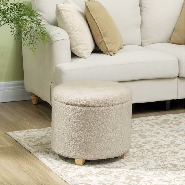 HOMCOM Round Bouclé Storage Ottoman Footstool in Beige/White, Diameter: 45 cm