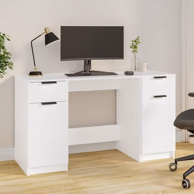 Berkfield Modern White Writing Desk with Single Side Cabinet in MDF Laminate – 1