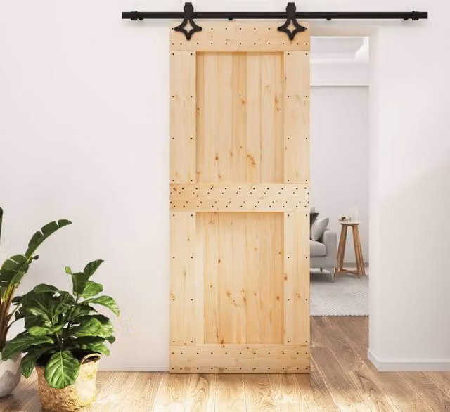 Berkfield Home Rustic Solid Wood Pine Sliding Door with Hardware Set, Natural, W: 85 cm, H: 210 cm