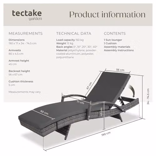 tectake Grey Rattan Sun Lounger with 5-Position Adjustable Backrest and Aluminium Frame – 3