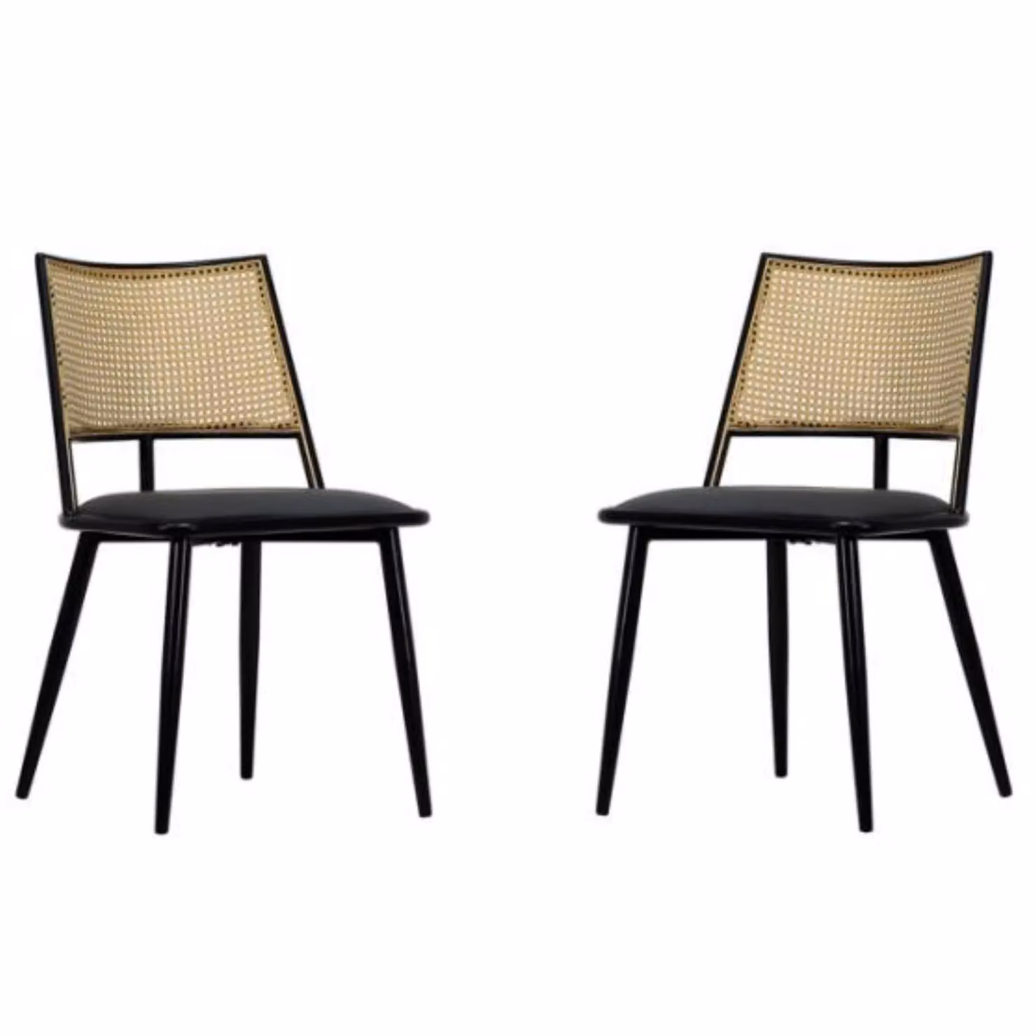 FURNITURE ONE Mid-Century Dining Chairs Set of 2, Black Fabric and Rattan Upholstered Kitchen Chairs with Metal Frame – 2