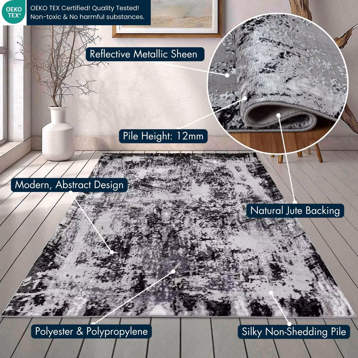 Desire Rugs Serenity Modern Abstract Area Rug in Black, W: 200 cm, D: 290 cm – 3
