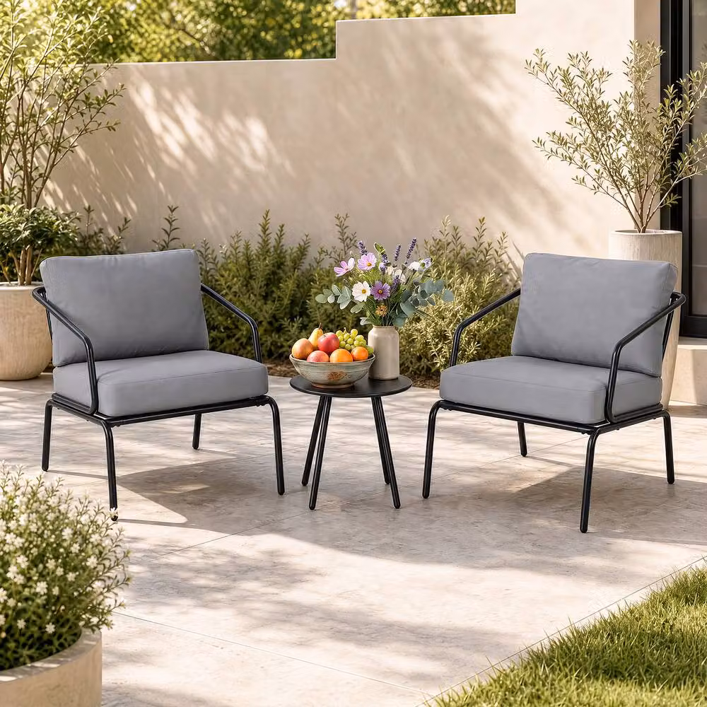 Costway 3-Piece Outdoor Bistro Set with Round Side Table and 2 Armchairs with Cushions in Grey – 6