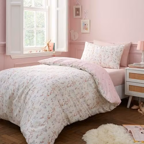 Belle & Boo Ballerina Reversible Cotton Duvet Cover and Pillowcase Set, Pink, Duvet Cover: 135 x 200 cm, Pillowcase: 50 x 75 cm – 1