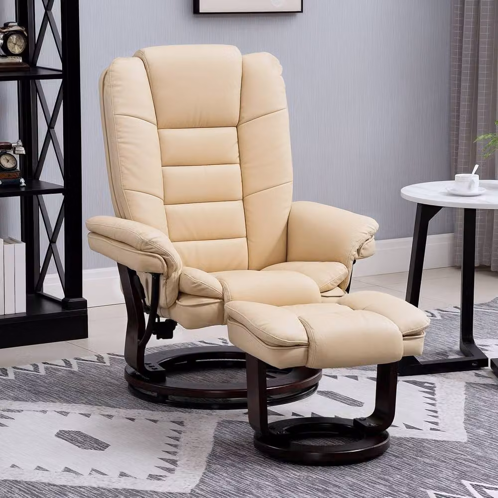 STILVORA Modern Beige Faux Leather Recliner Chair with Matching Ottoman and Armrests – 8