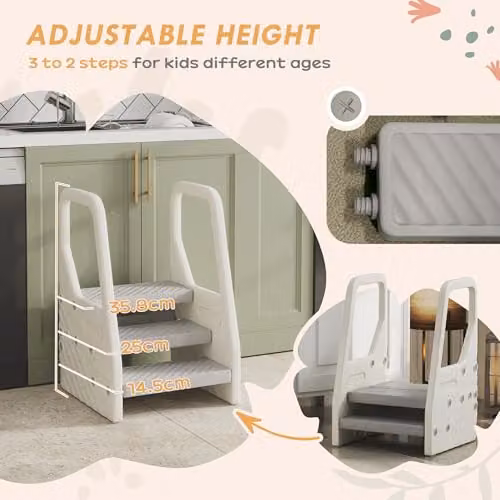 AIYAPLAY Kids Tower Adjustable 3 Step Kitchen Helper for 2-5 Years, Grey and White, W/D/H: 42.0 x 42.0 x 65.5 cm – 3