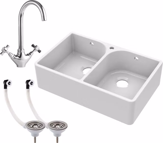 Balterley White Ceramic 2 Bowl Belfast Sink with Chrome Mono Mixer Tap and Waste – 1