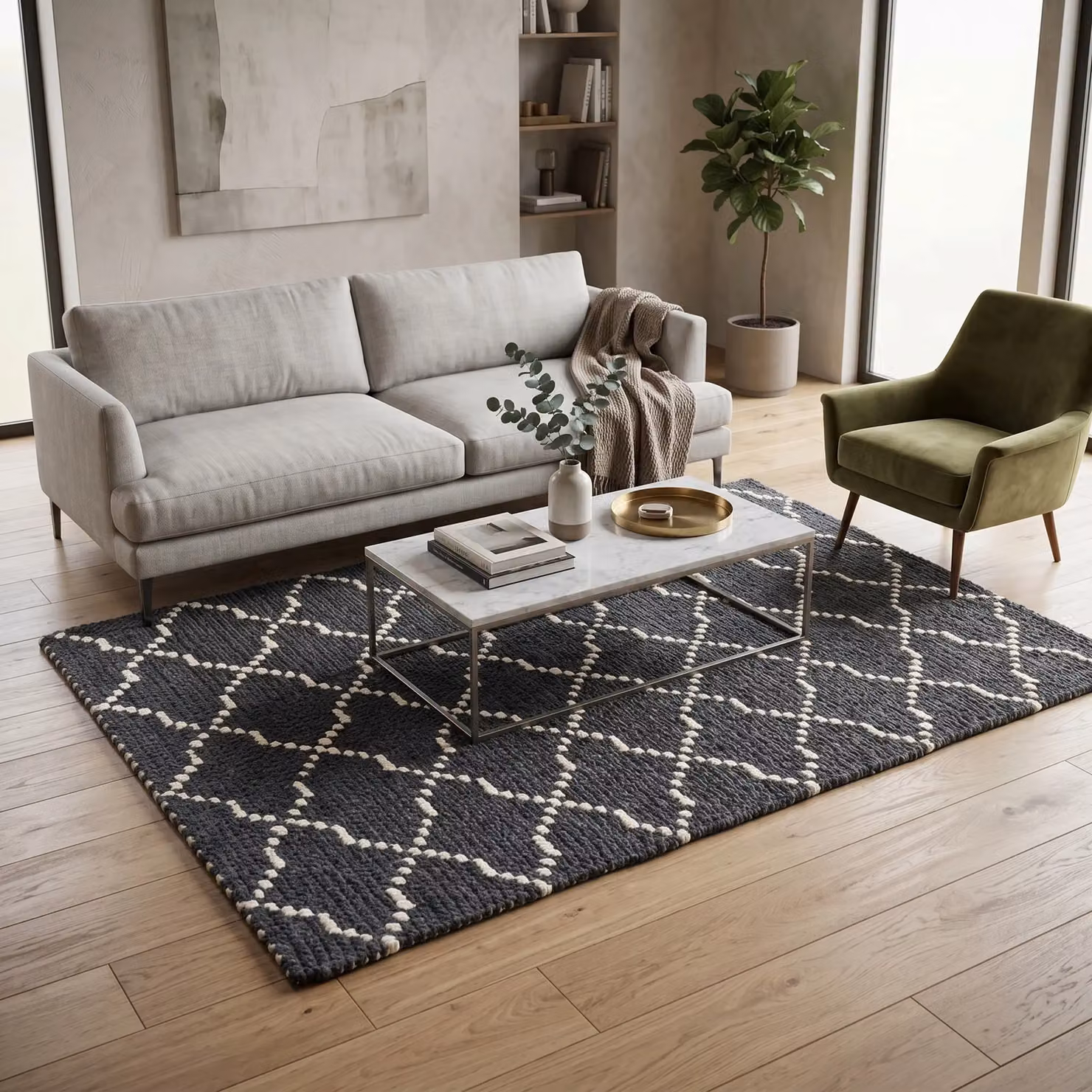 Orsina Grey and White Woven Diamond Pattern Rectangular Wool and Cotton Rug – 3