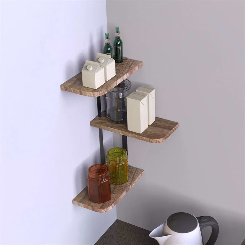 KORVIXA 3 Tier Industrial Style Corner Wall Shelves in Brown Metal and Pine Wood, W/D/H: 100 x 100 cm – 2