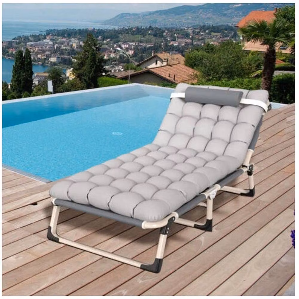 PAWNORA Grey Reclining Sun Lounger Folding Garden Chair with Adjustable Headrest – 4
