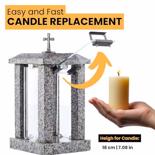 NOVECRAFTO Large Square Granite Memorial Lantern with Cross in Grey, H 32 cm – 4