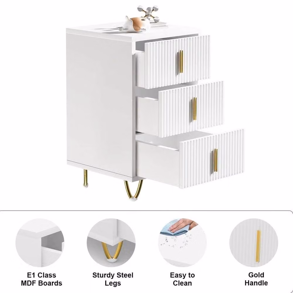 KORVIXA Modern 3 Drawer Bedside Table in White and Gold, W/D/H: 100 x 100 x 15 cm – 2