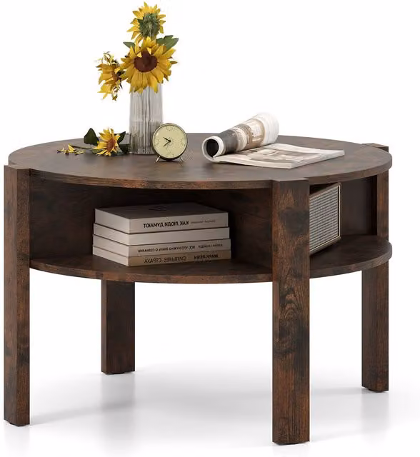 Gymax 2-Tier Round Wood Coffee Table with Storage in Brown